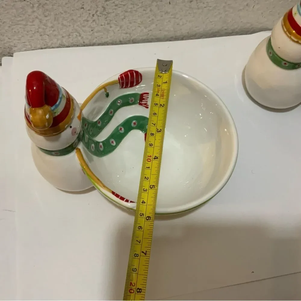 3 Pier 1 Snowball Red Hand Painted Dolomite Bowl 6” Assortment of Snowmen p10